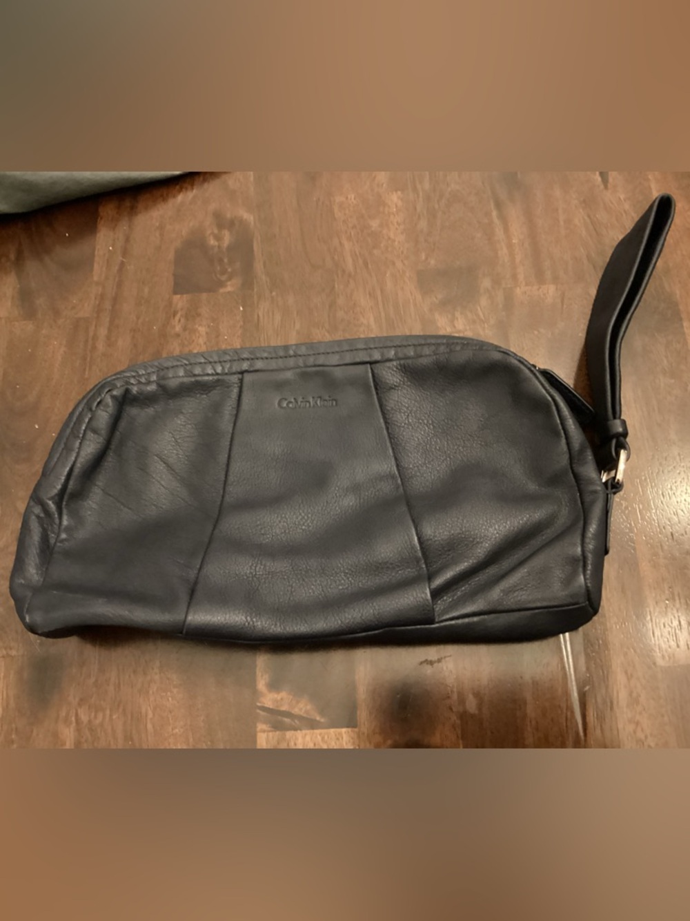 Calvin Klein Black Leather Toiletry Pouch with Wrist Strap